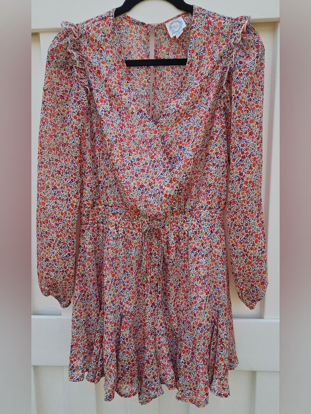Blue Rain Floral Print Wrap-Style Jumpsuit in Multi-Color Size Small. Whimsical